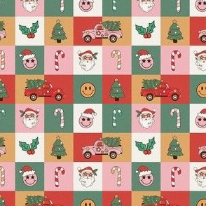 Small Scale Groovy Christmas Retro Checkerboard Santa Candy Canes Red Pink Trucks