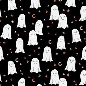 460 - Small scale Halloween friendly  ghosts in a black night sky with pink and mustard stars and new moon - for kids bed sheets, duvet covers, Halloween party costumes, Friday 13th parties, wallpaper, children attire.