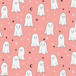 460 - Small scale Halloween friendly  ghosts in a medium pink sky with stars and new moon - for kids bed sheets, duvet covers, Halloween party costumes, Friday 13th parties, wallpaper, children attire.