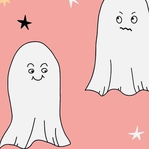 460 - Large scale Halloween friendly  ghosts in a medium pink sky with stars and new moon - for kids bed sheets, duvet covers, Halloween party costumes, Friday 13th parties, wallpaper, children attire.