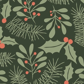 Christmas Mistletoe, Pine Branches and Leaves on Deep Green - Large