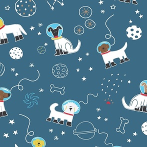 Space Dogs - Planets - Stars - Paws - Bones - Neutral Blue