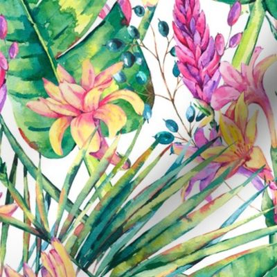 Tropical leaves and flowers on white - L