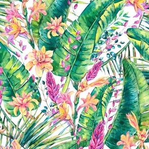 Tropical leaves and flowers on white - M