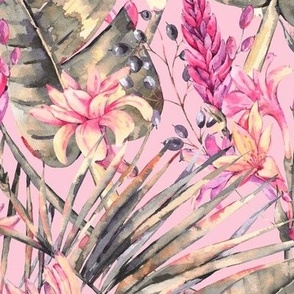 Pink Tropical leaves and flowers - L