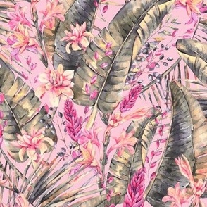 Pink Tropical leaves and flowers - M