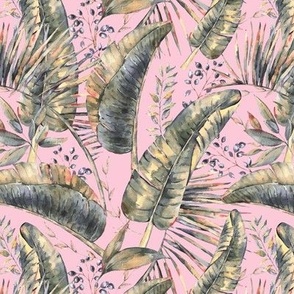 Pink watercolor tropical leaves
