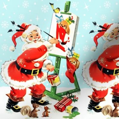 9 Santa Claus Merry Christmas painting artist dogs puppy puppies animals socks gifts presents red mistletoe snowflakes snow winter white blue red birds squirrels chipmunks paint brushes retro kitsch cute star adorable    