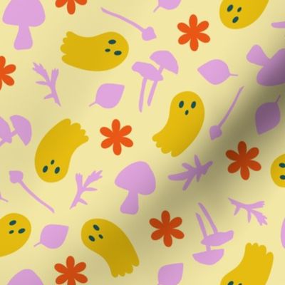 Spooky Cute Ghosts Kids Mushrooms Yellow Pink Red Woodland Children Daisy Fall