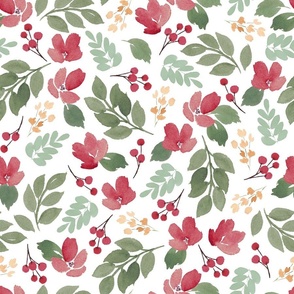 Christmas Watercolor Floral Medley in White (Large)