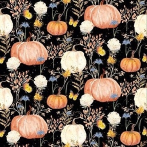 8" Watercolor Pumpkins Flowers Butterflies and Autumn Leaves in Black by Audrey Jeanne