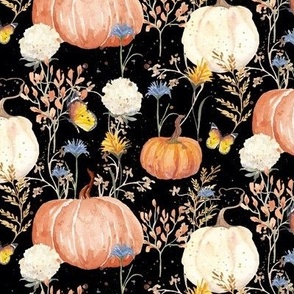 12" Watercolor Pumpkins Flowers Butterflies and Autumn Leaves in Black by Audrey Jeanne