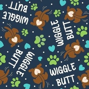 Medium Scale Wiggle Butt Dogs and Paw Prints on Navy