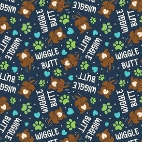 Small Scale Wiggle Butt Dogs and Paw Prints on Navy