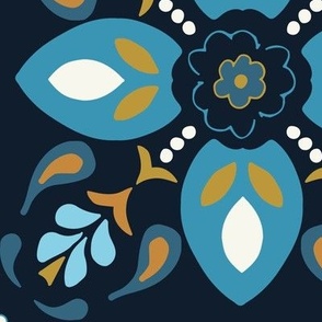 (XL) flower tiles in blue, cerulean blue, white, brown on dark blue