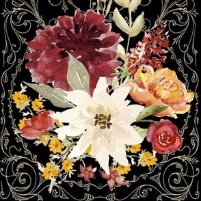 24" Elegant Vintage Victorian Fall Flowers and Autumn Leaves in Black by Audrey Jeanne