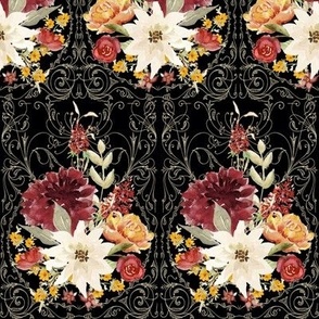 12" Elegant Vintage Victorian Fall Flowers and Autumn Leaves in Black by Audrey Jeanne