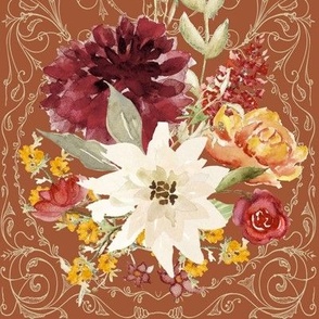 24" Elegant Vintage Victorian Fall Flowers and Autumn Leaves in Burnt Orange by Audrey Jeanne