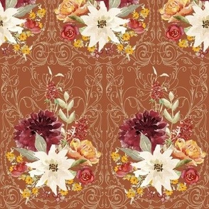 12" Elegant Vintage Victorian Fall Flowers and Autumn Leaves in Burnt Orange by Audrey Jeanne