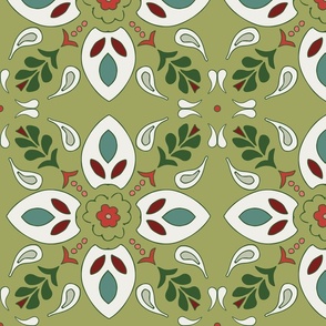 flower tiles Christmas geometric boho ornaments on green