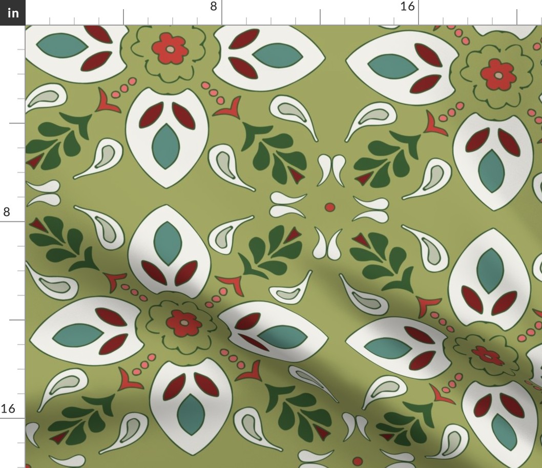 flower tiles Christmas geometric boho ornaments on green