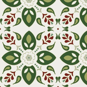 flower tiles Christmas geometric boho ornaments in green on white