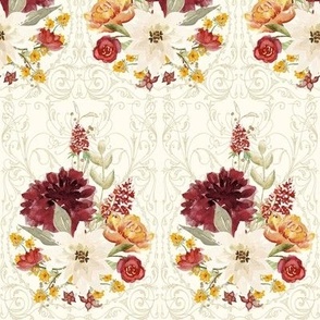 12" Elegant Vintage Victorian Fall Flowers and Autumn Leaves in Cream by Audrey Jeanne