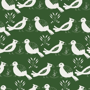 Christmas birds in white whimsical on green