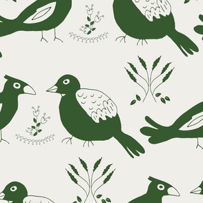 Christmas birds in green whimsical on white