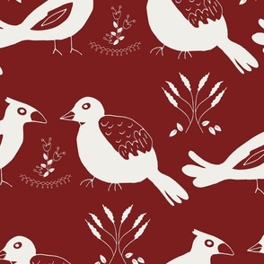 Christmas birds in white whimsical on red