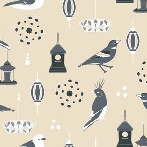 neutral beige and grey bird and bird feeder