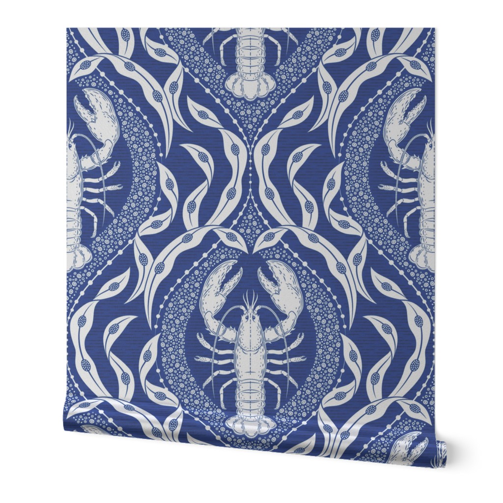 Lobster and Seaweed Nautical Damask - navy blue white - large scale