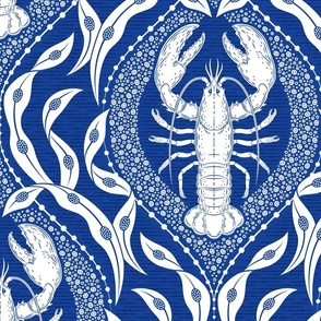 Lobster and Seaweed Nautical Damask - navy blue white - large scale