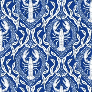 Lobster and Seaweed Nautical Damask - navy blue white - medium scale