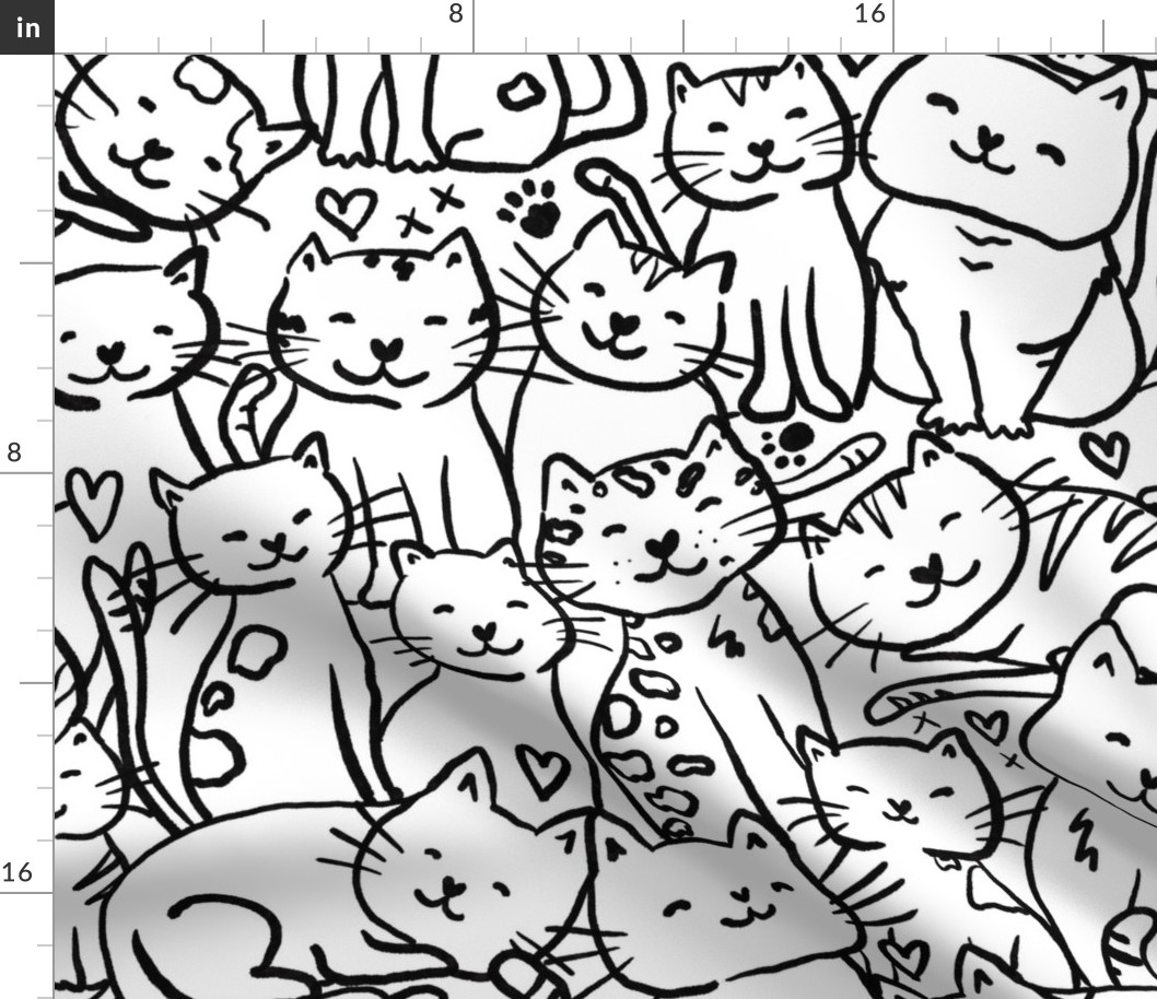 Colour me in doodle cats monochrome black and white XL