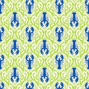 Lobster and Seaweed Nautical Damask - white cobalt blue bright green - small scale - 2 directional