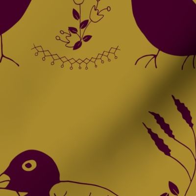 Deep purple birds geometric on goldenrod yellow