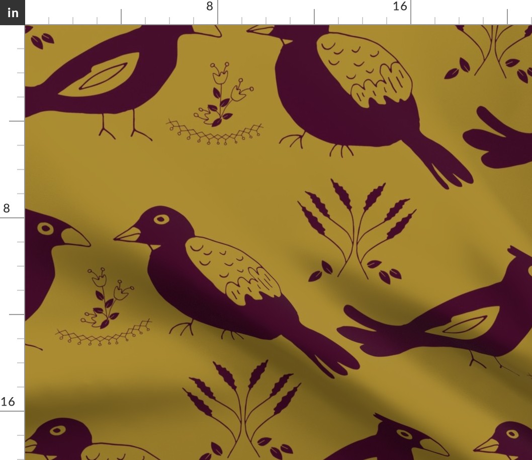 Deep purple birds geometric on goldenrod yellow