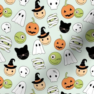 Halloween smileys - cutesy little skills ghosts magicians pumpkins and jack 'o lantern smiley kawaii kids design lime orange on mist green