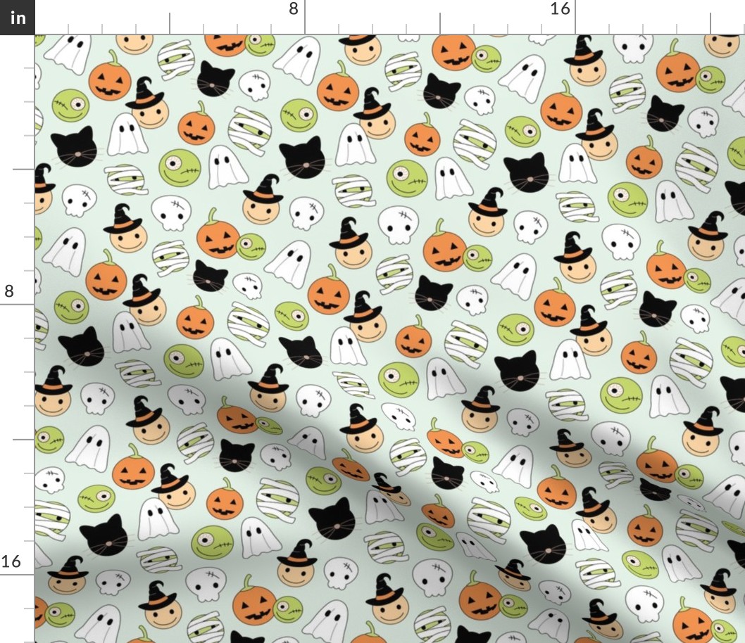 Halloween smileys - cutesy little skills ghosts magicians pumpkins and jack 'o lantern smiley kawaii kids design lime orange on mist green