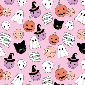 Halloween smileys - cutesy little skills ghosts magicians pumpkins and jack 'o lantern smiley kawaii kids design orange blush lilac on pink girls palette