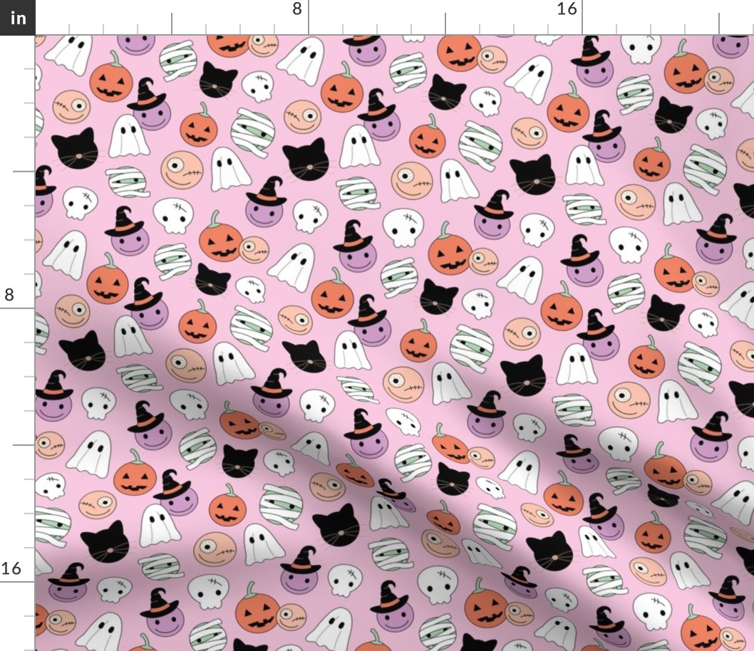 Halloween smileys - cutesy little skills ghosts magicians pumpkins and jack 'o lantern smiley kawaii kids design orange blush lilac on pink girls palette