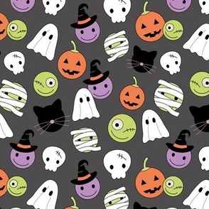 Halloween smileys - cutesy little skills ghosts magicians pumpkins and jack 'o lantern smiley kawaii kids design lime orange purple on charcoal gray