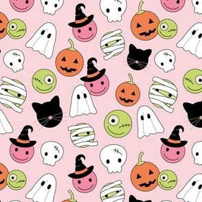 Halloween smileys - cutesy little skills ghosts magicians pumpkins and jack 'o lantern smiley kawaii kids design lime orange pink on blush girls palette