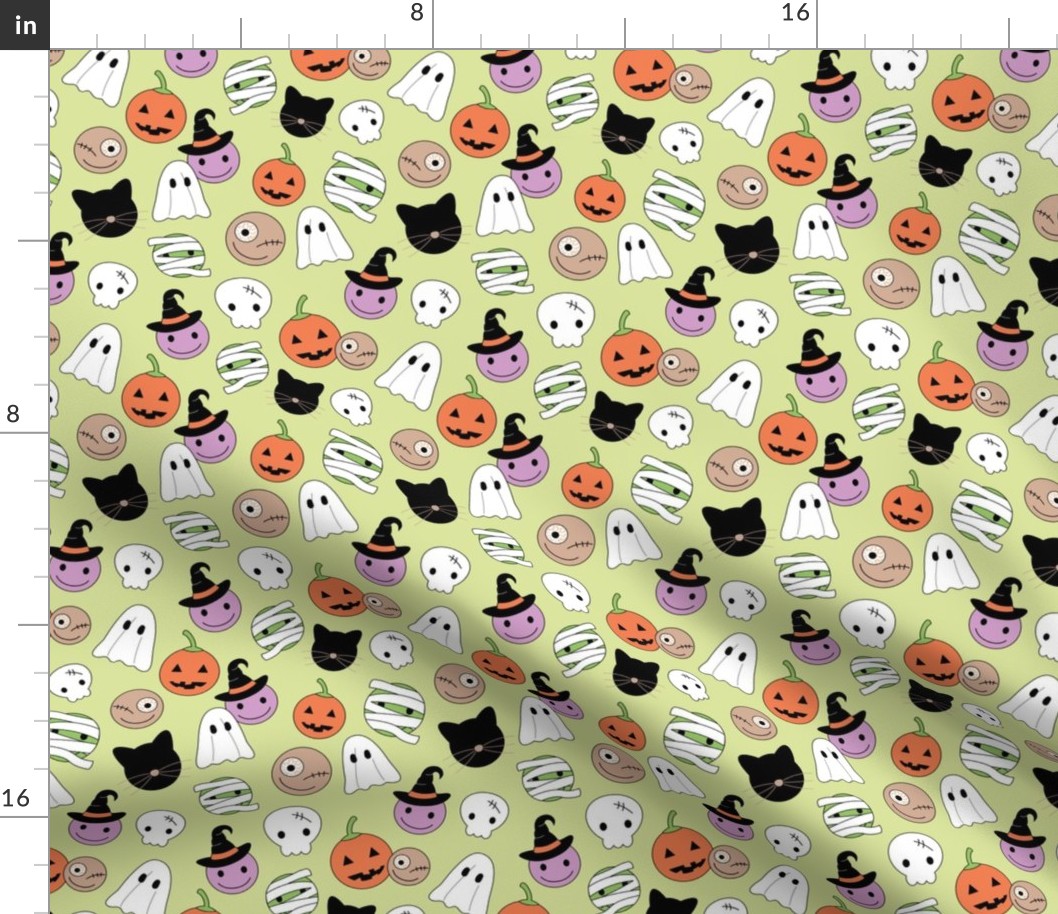 Halloween smileys - cutesy little skills ghosts magicians pumpkins and jack 'o lantern smiley kawaii kids design lilac orange on lime green