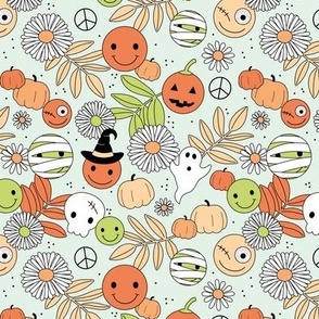 Funky halloween garden - retro smileys magic fall skulls and ghosts daisy flowers and leaves orange blush lime green on mint