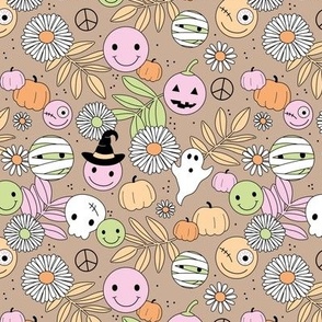 Funky halloween garden - retro smileys magic fall skulls and ghosts daisy flowers and leaves pink orange lime green pastel on tan beige