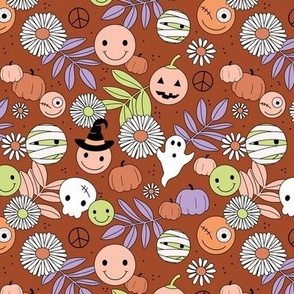 Funky halloween garden - retro smileys magic fall skulls and ghosts daisy flowers and leaves orange lime green lilac on rust