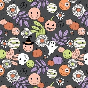 Funky halloween garden - retro smileys magic fall skulls and ghosts daisy flowers and leaves orange lilac blush on charcoal gray