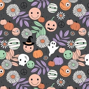 Funky halloween garden - retro smileys magic fall skulls and ghosts daisy flowers and leaves orange blush lilac mint green on charcoal gray